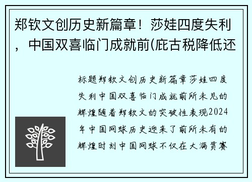 郑钦文创历史新篇章！莎娃四度失利，中国双喜临门成就前(庇古税降低还是提高了效率)