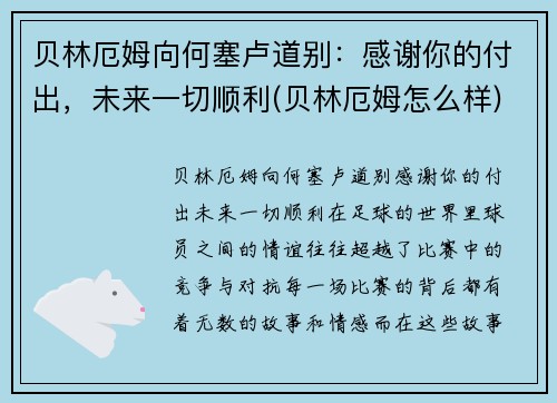 贝林厄姆向何塞卢道别：感谢你的付出，未来一切顺利(贝林厄姆怎么样)